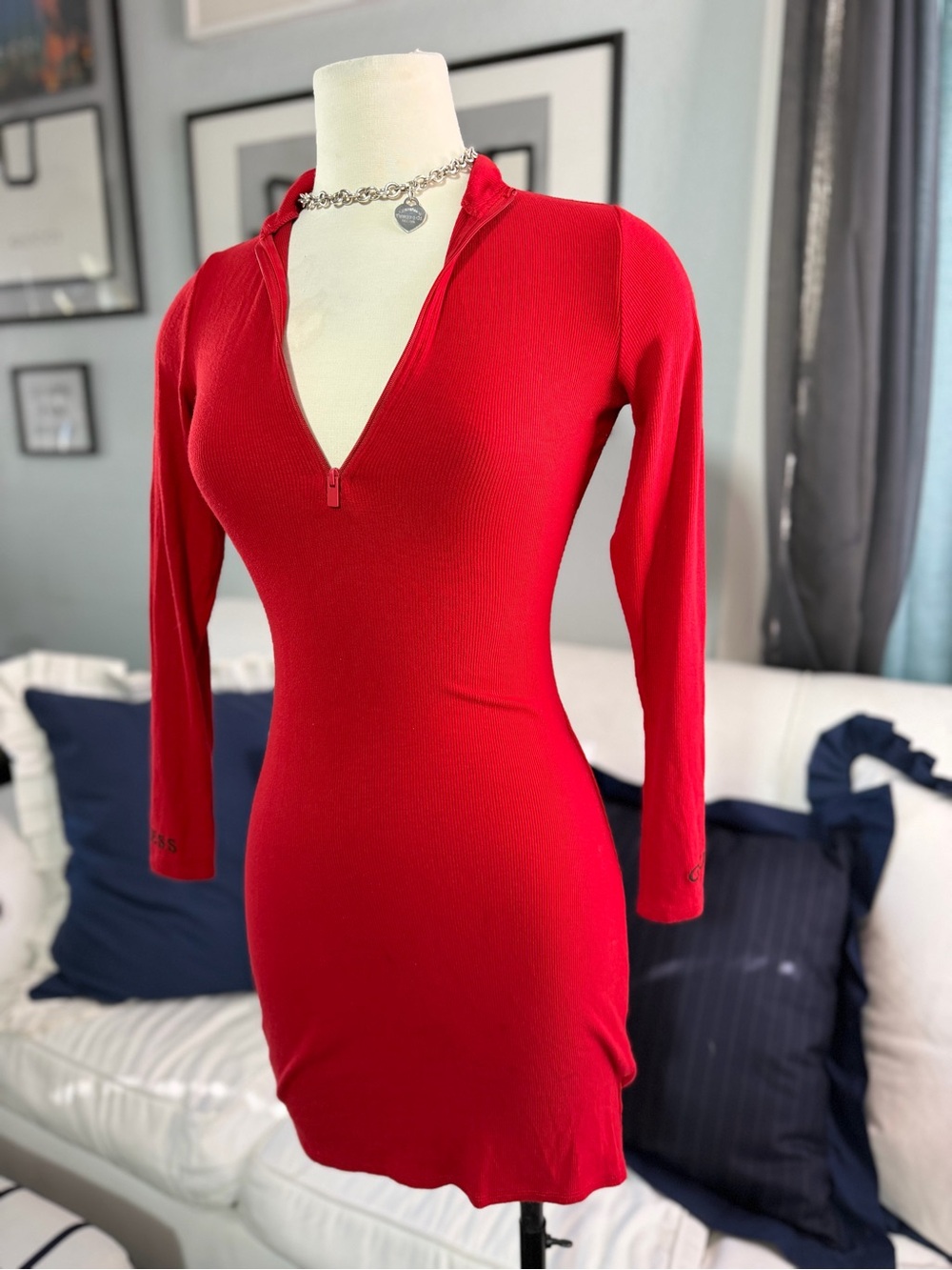 Y2K GUESS Red Ribbed Long-Sleeve Zip-Neck Bodycon Dress